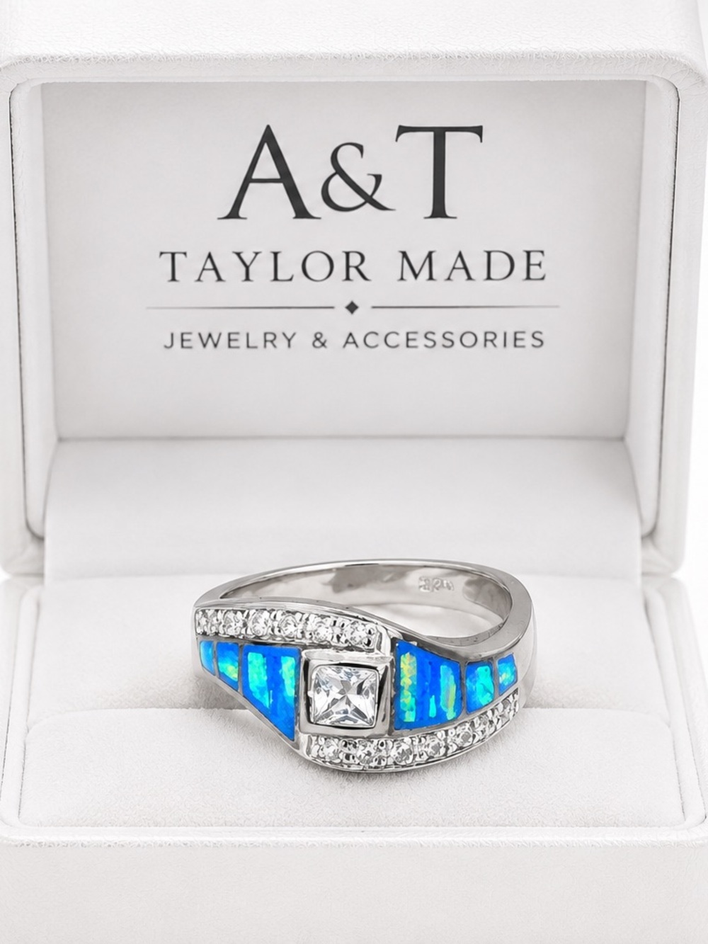 Sterling Silver Blue Opal & Cubic Zirconia Women's Ring Size 7